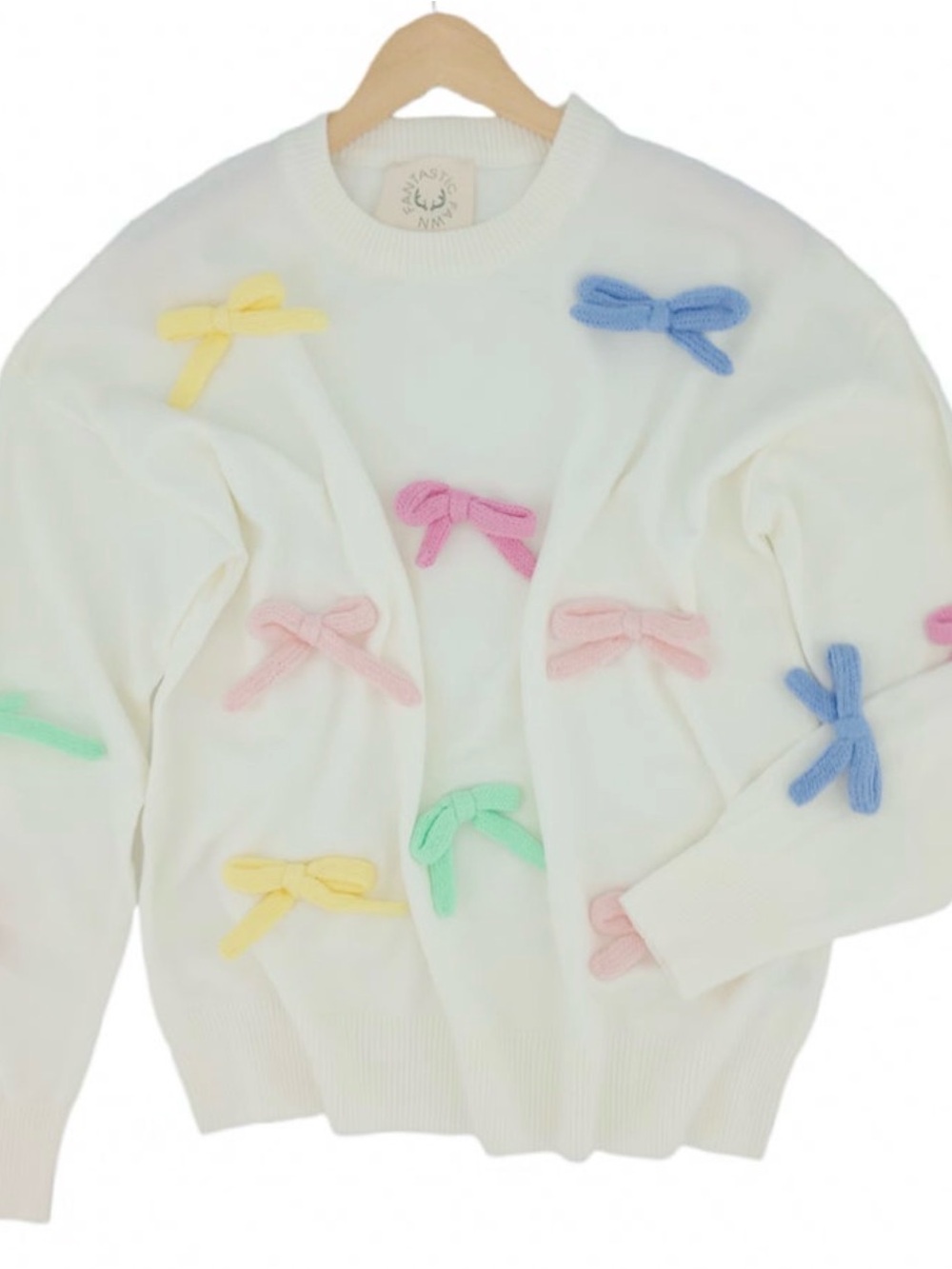 Fantastic Fawn White Crewneck Sweater with Pastel Bow Accents